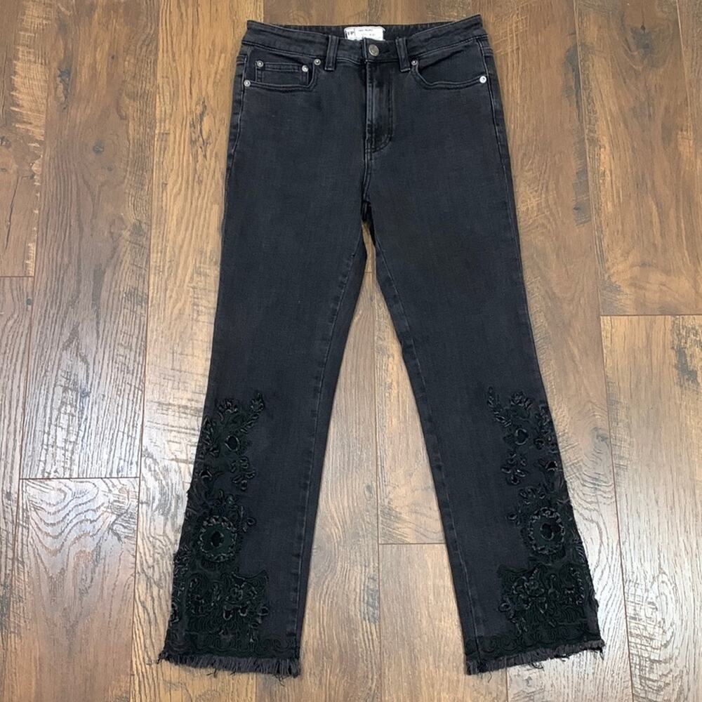 Free People High Rise Embroidered Raw Hem Black Cropped Straight Leg Jeans